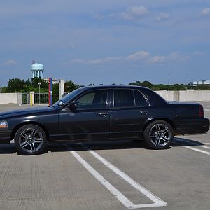 New wheels on the beast. These are 19" wheels off a 2010 GT500 with the Eagle F1 tires.
