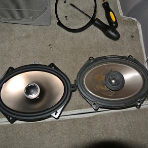 Polk Audio db571... SICK in the Hatchback. Polk obviously on the left.  Old Pioneers on the right.  The Polks are awesome on the Kenwood Deck.